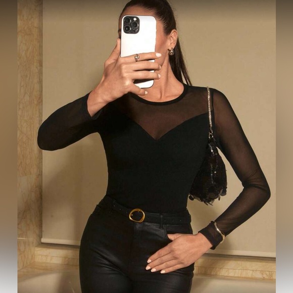 Black polka dots mesh sleeve bodysuit - Picture 5 of 7